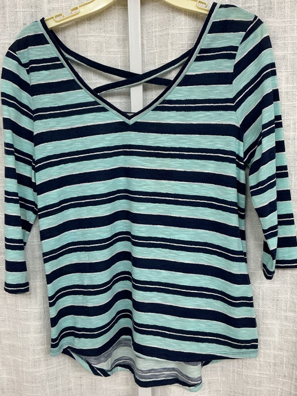 Red Camel Aqua & Navy Striped Crisscross V-Neck 3/4 Sleeve Top